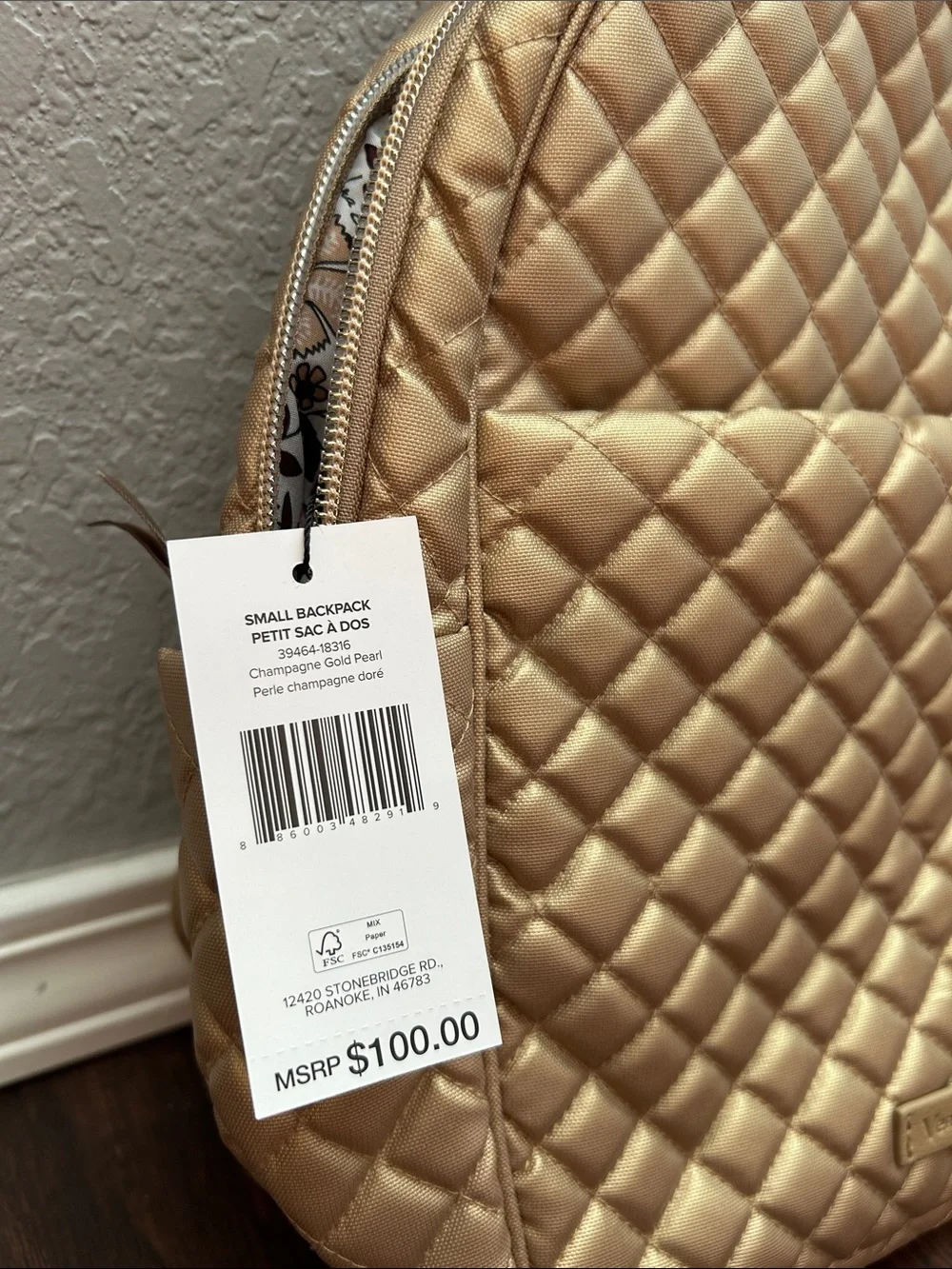 Vera Bradley Quilted Champagne Gold Pearl Small Backpack